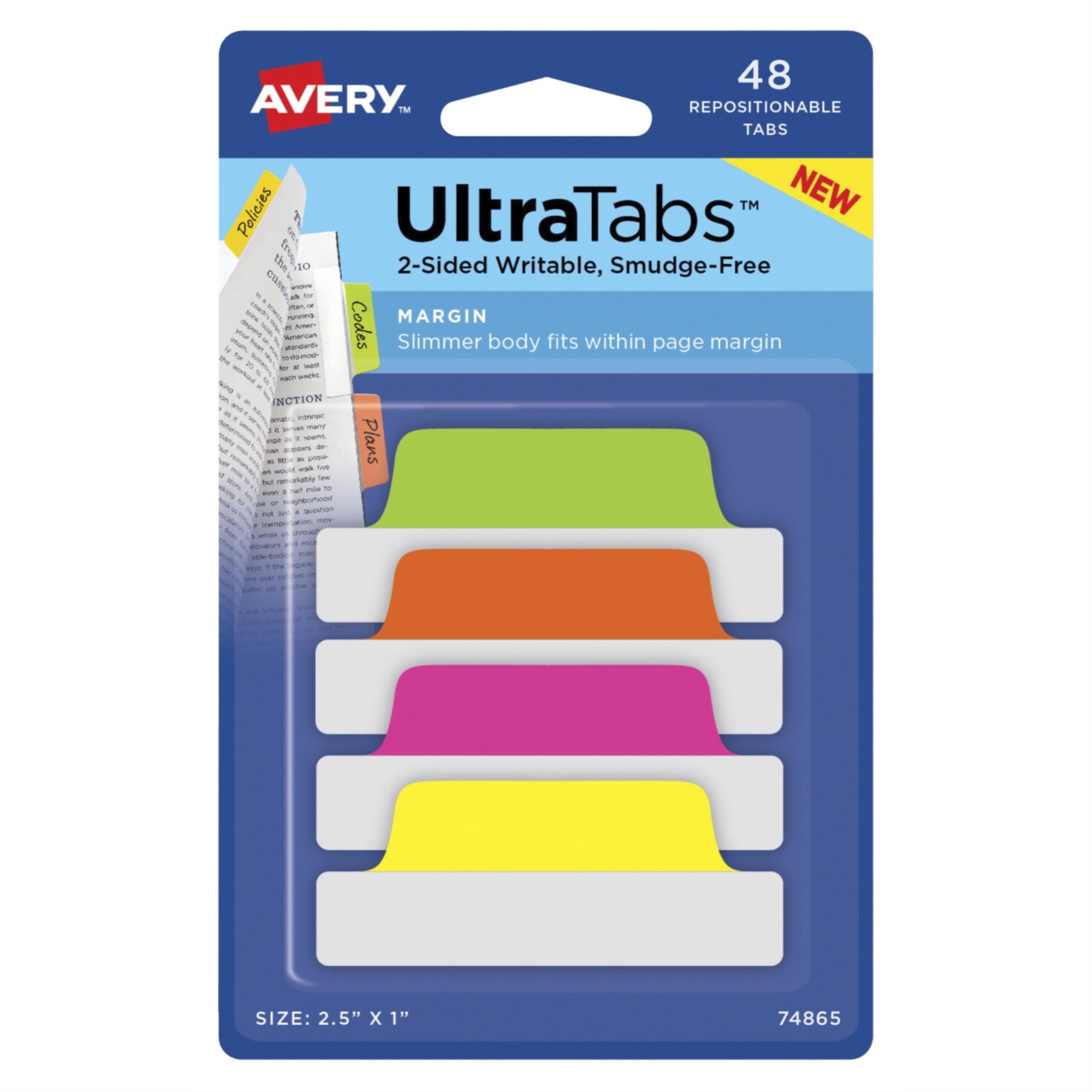 Avery 74865 Repositionable Ultratabs, 2-1/2 X 1 Inch, Assorted Neon, Pack Of 48