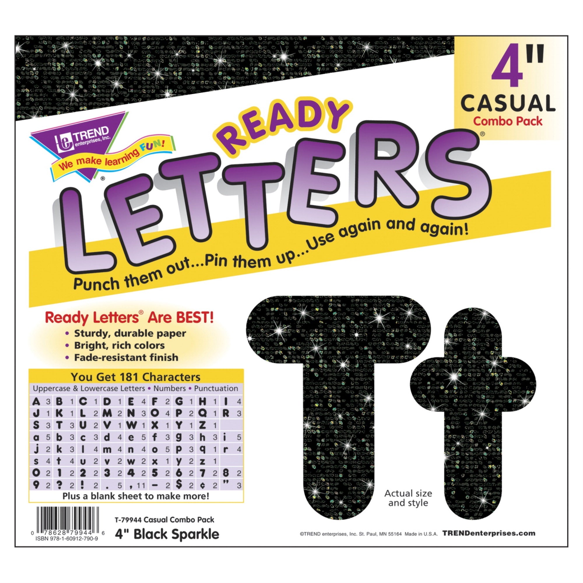 Trend Enterprises Black Sparkle Font Ready Letters, 4 Inches, 182 Pieces