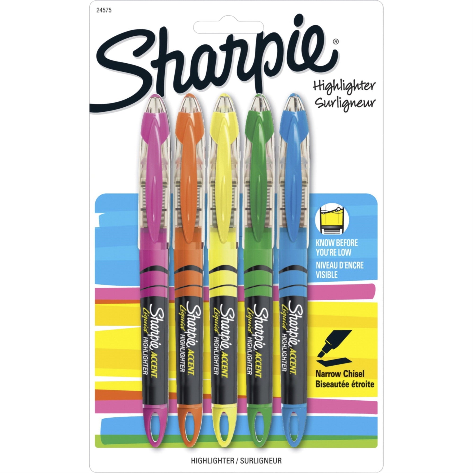Sharpie Liquid Accent Highlighter, Chisel Tip, Assorted Colors, Set Of 5