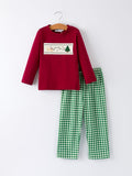 Christmas Tree Dog Smocking Embroidered Plaid Boys Set