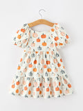 Fall Pumpkin Puff Sleeve Girls Dress