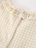 Girls Goose Embroidered Beige Plaid Ruffle Dress