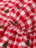 Christmas Tree Embroidered Plaid Girls Ruffle Collar Dress