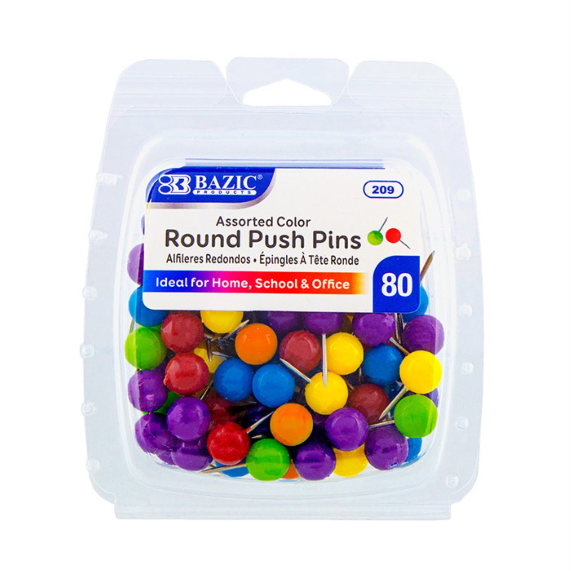 Bazic Assorted Color Round Push Pins (80/Pack) / Box Qty - 24