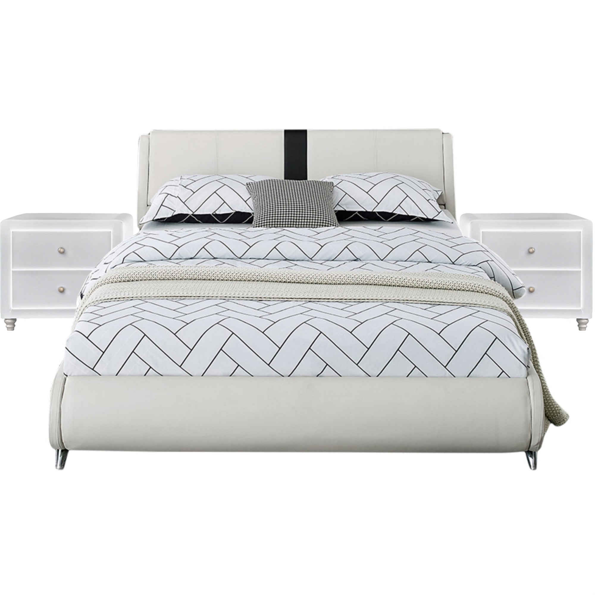 Carlton Platform Bed, King, White With 2 Nightstands