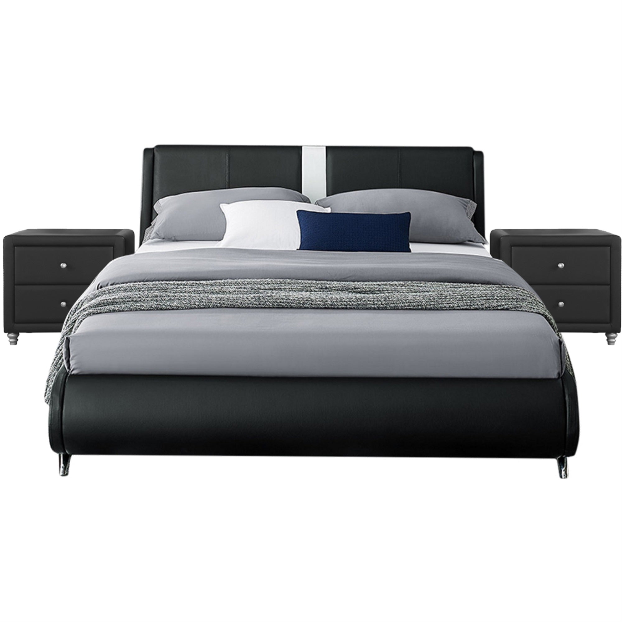 Carlton Platform Bed, King, Black With 2 Nightstands