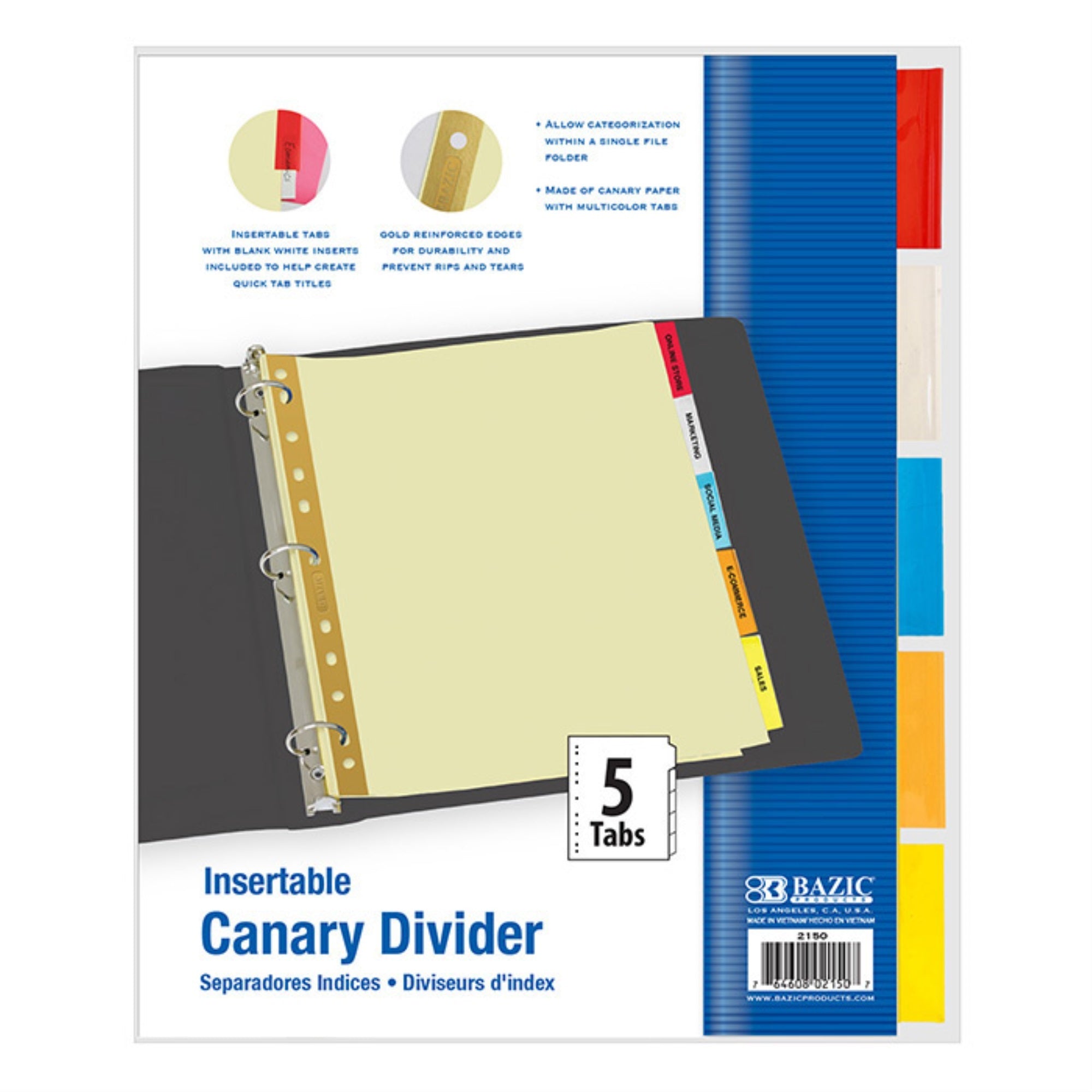 Bazic Canary Paper Dividers W/ 5-Insertable Color Tabs / Box Qty - 24