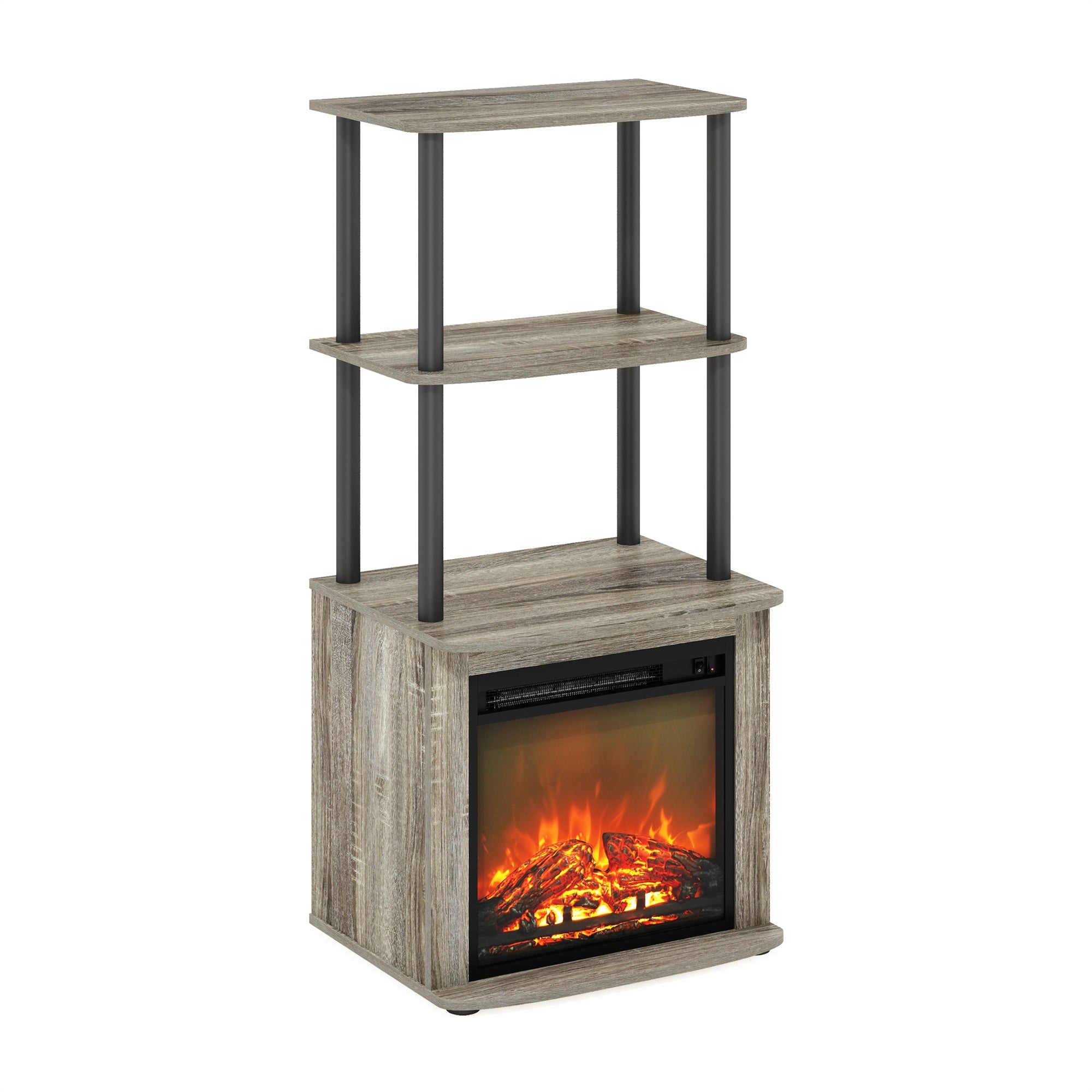 Furinno Turn-N-Tube 2-Tier Tall Tv Entertainment Side Table Display Rack With Fireplace Insert, French Oak Grey/Black