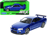 Nissan Skyline GTR (R34) RHD (Right Hand Drive) Blue Metallic NEX Models 1/24 Diecast Model Car by Welly