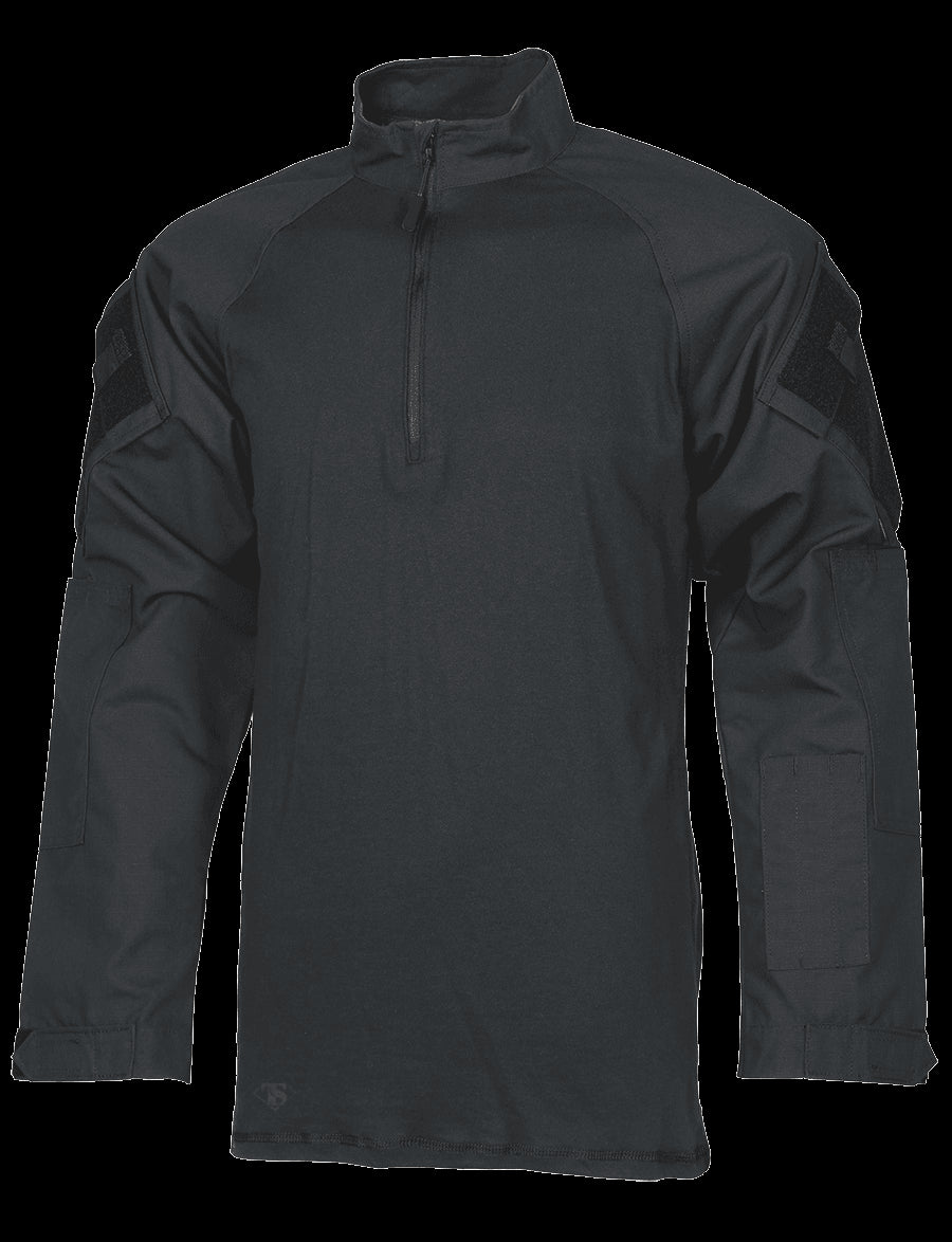 1/4 Zip Combat Shirt, Long Sleeve, Black, Mens, Poly Cotton, Xsr