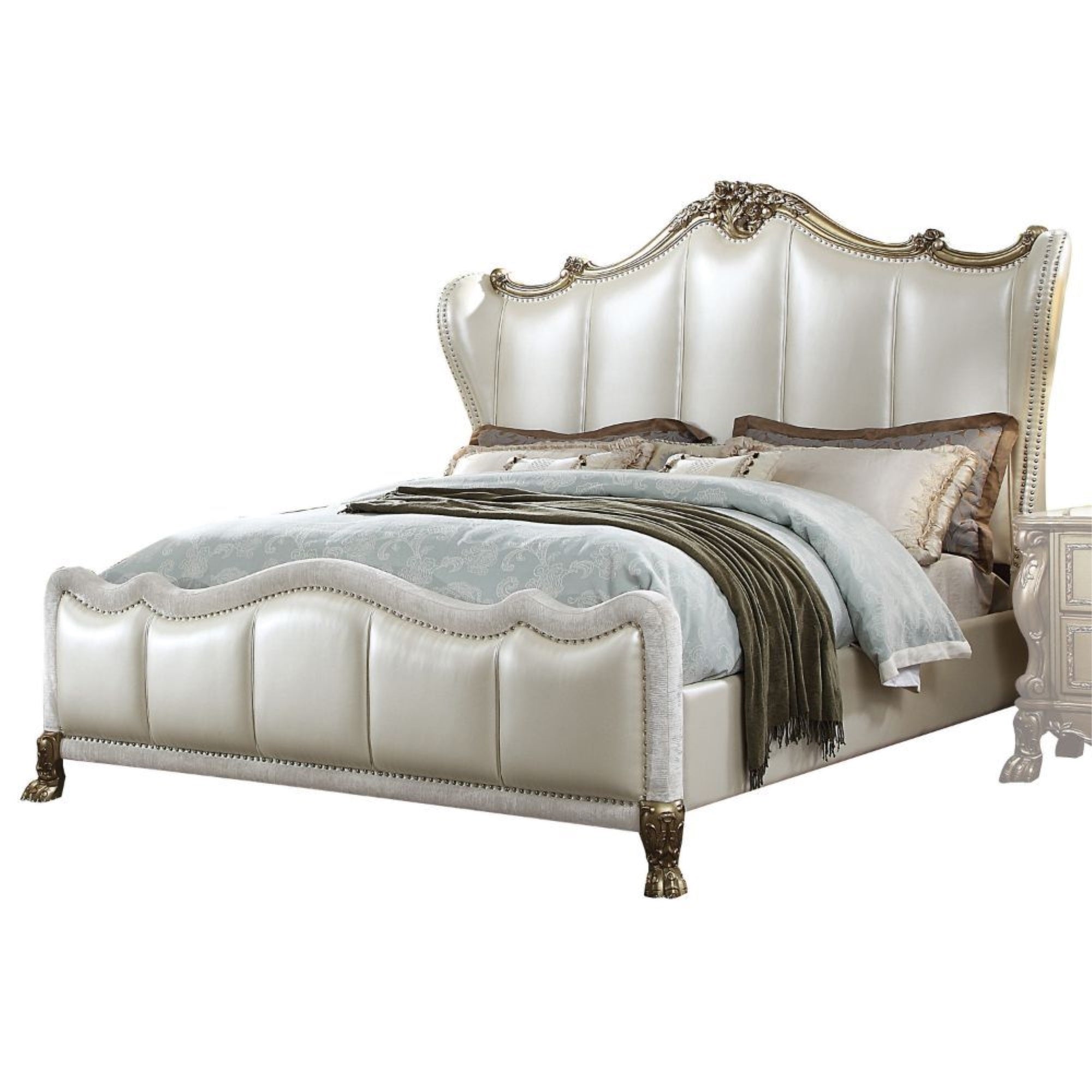 Acme Dresden Ii California King Bed, Pearl White Pu & Gold Patina