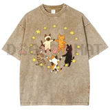 Celestial Feline Circle Vintage Washed Tee - Y2K Cats Holding Hands Star Heart Graphic Cotton Oversized T-Shirt