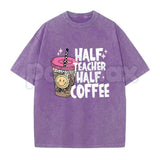 Half Teacher Half Coffee T-Shirt – Funny School Educator Graphic Tee, Vintage Washed Caffeine Lover Lightweight Cotton Teacher Gift Top
