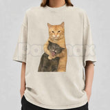 Cat Quarrel Moment T-Shirt – Retro Funny Feline Standoff Graphic Tee, Vintage Washed Lightweight Cotton Unisex Streetwear Top
