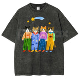 Retro Cats in Overalls Graphic T-Shirt – Funny Hand-Painted Cat Vintage Washed Tee, 90s Aesthetic Lightweight Cotton Animal Top