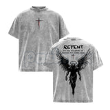 The Kingdom Mandate: Repent Vintage Washed Tee – Heavy Cotton Christian Streetwear, Gospel Angel Wings Shirt