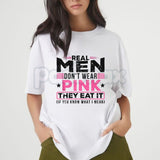 "Real Men Don't Wear Pink" Absurdist Cat T-Shirt - Funny Surreal Humor Graphic Tee, Irony Core Weird Text Shirt, Premium Heavyweight Unisex Streetwear, Bizarre Meme Culture Top, Sarcastic Nonsense Slogan Apparel