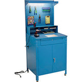 Global Industrial Cabinet Shop Desk W/ Pegboard Riser & Top Shelf 34-1/2W X 30D Blue