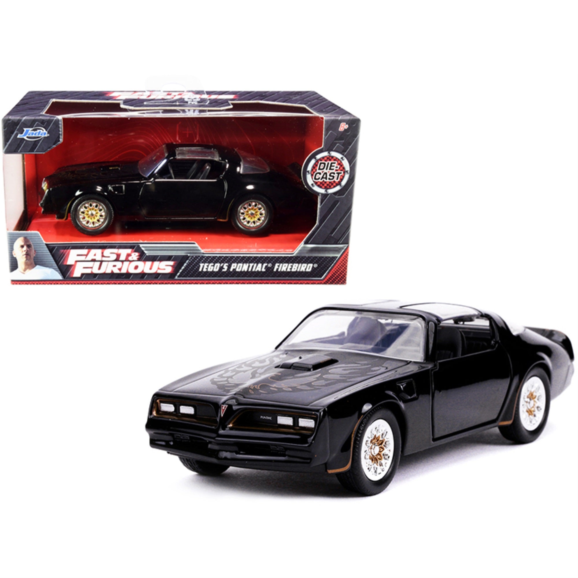 Tego'S Pontiac Firebird Black With Gold Stripes And Hood Bird Fast & Furious Series 1/32 Diecast Model Car By Jada
