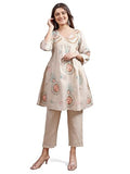 Womanista Women's Beige Colour Linen Multi Thread Embroidery Flared Tunic with Trouser coord Set(Co-ords_9102_XL)