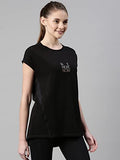 Enamor Womens Athleisure A305-Dry fit Cotton Spandex with Antimicrobial Finish Active Stay Fresh Workout T-Shirt (A305_Jet Black/Be Here Now_L),Jet Black/ Be Here N