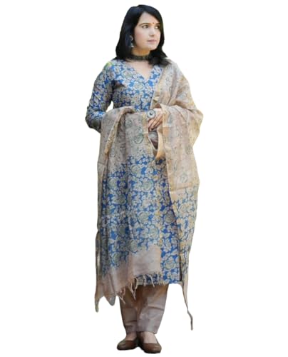 Gosriki Women'S Cotton Blend Straight Printed Kurta With Pant & Dupatta (Moringa Blue-Nw-Gs_M_Blue_Medium),Blue,,B0D73XLN6R