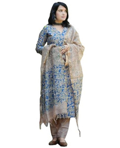 Gosriki Women'S Cotton Blend Straight Printed Kurta With Pant & Dupatta (Moringa Blue-Nw-Gs_M_Blue_Medium),Blue,,B0D73XLN6R