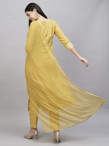 Anni Designer Women'S Cotton Blend Straight Printed Kurta With Pant & Dupatta (Anahi Mustard_Xl_Mustard_X-Large),Mustard,XL,Cotton Blend,Anahi Mustard_1516,