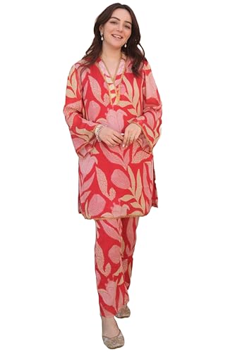 Anni Designer Women'S Cotton Blend Printed Ethnic Co-Ord Set (Badima Red_Xxl_Red_Xx-Large),Red,2XL