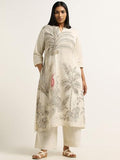 Anni Designer Women'S Cotton Blend Straight Printed Kurta With Pant (Nenisha Cream_S_Cream_Small),Cream,S,Cotton Blend,Regular,Kurta