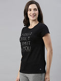Enamor Essentials Women'S Short Sleeve Crew Neck Slim Fit Breathable Stretch Cotton Tee With Graphic - E147(E147-Jet Black /Limi