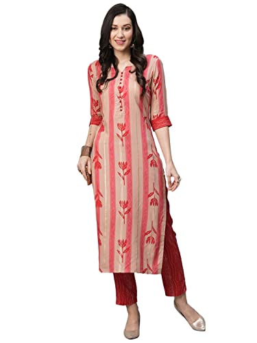 Anni Designer Women'S Cotton Blend Straight Printed Kurta With Pant (Dania Red-Nw_M_Red_Medium),Red,M