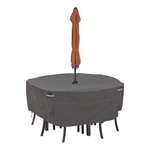 Classic Accessories Ravenna Water-Resistant 60 Inch Round Patio Table & Chair Set Cover With Umbrella Hole Outdoor Table And Cha