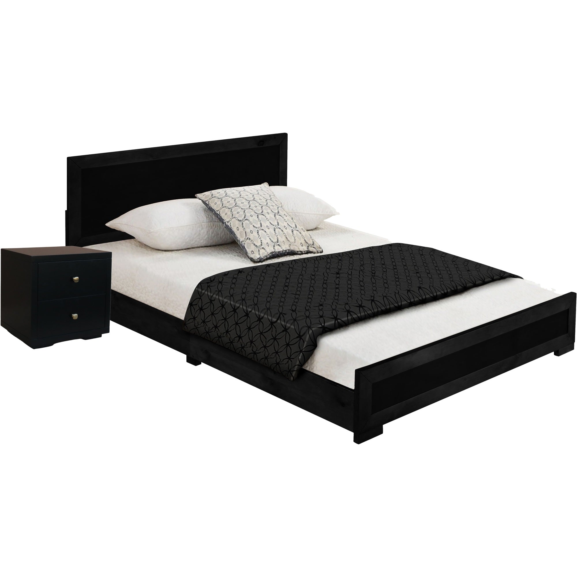 Trent Wooden Platform Bed In Black, Full With 1 Nightstand