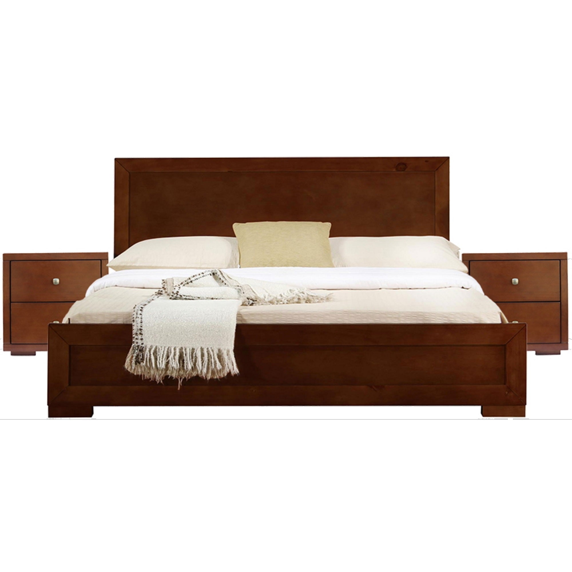 Trent Wooden Platform Bed In Walnut, Queen With 2 Nightstands