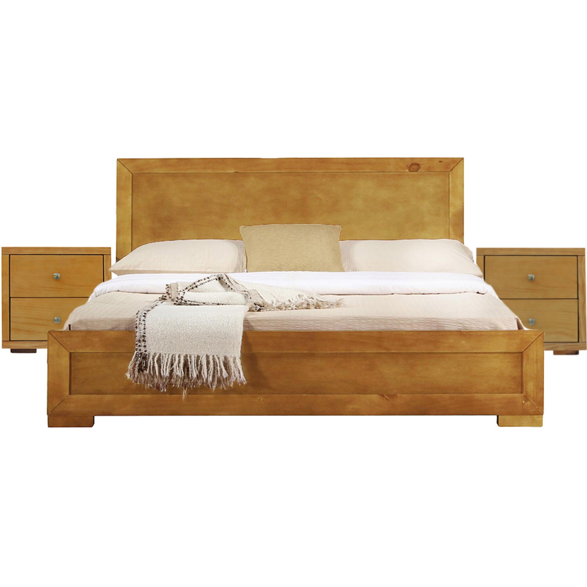 Trent Wooden Platform Bed In Oak, Queen With 2 Nightstands