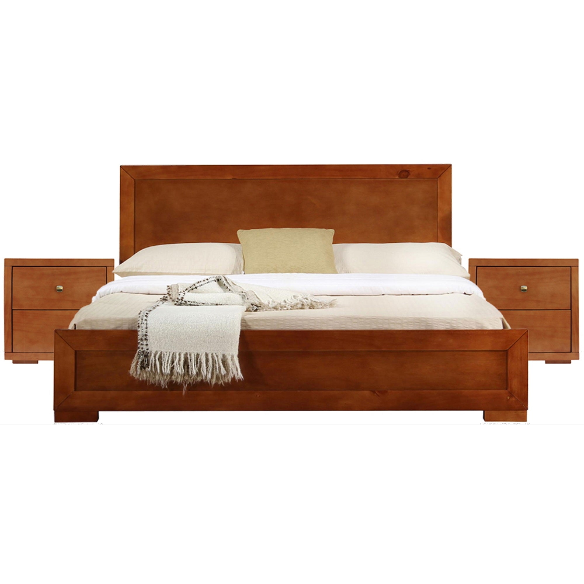 Trent Wooden Platform Bed In Cherry, King With 2 Nightstands