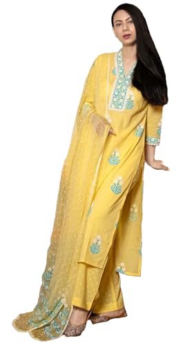 Anni Designer Women'S Rayon Viscose Printed Straight Kurta With Pant & Dupatta (Belagavi Mustard-Vks01_Xl_Mustard_X-Large),Mustard,XL