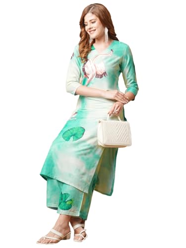 Anni Designer Women'S Rayon Blend Straight Printed Kurta With Palazzo (Swans See Green-Vks04_Xl_See Green_X-Large),See Green,XL