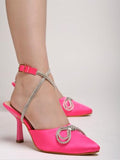 Women'S Magenta Satin High Heel Sandals Pointed Toe Party Heels With Rhinestone Bow & Ankle Strap Elegant Stilettos For Weddings & Events Eu38,Magenta,5,B0DK7CKKNJ