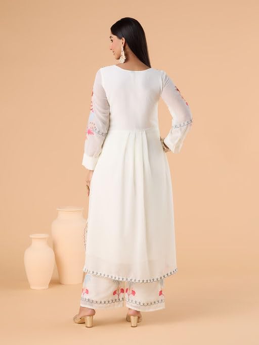 Fashion Basket Women'S Faux Georgette Embroidered Straight Kurta With Dupatta (Xx-Large, White)
