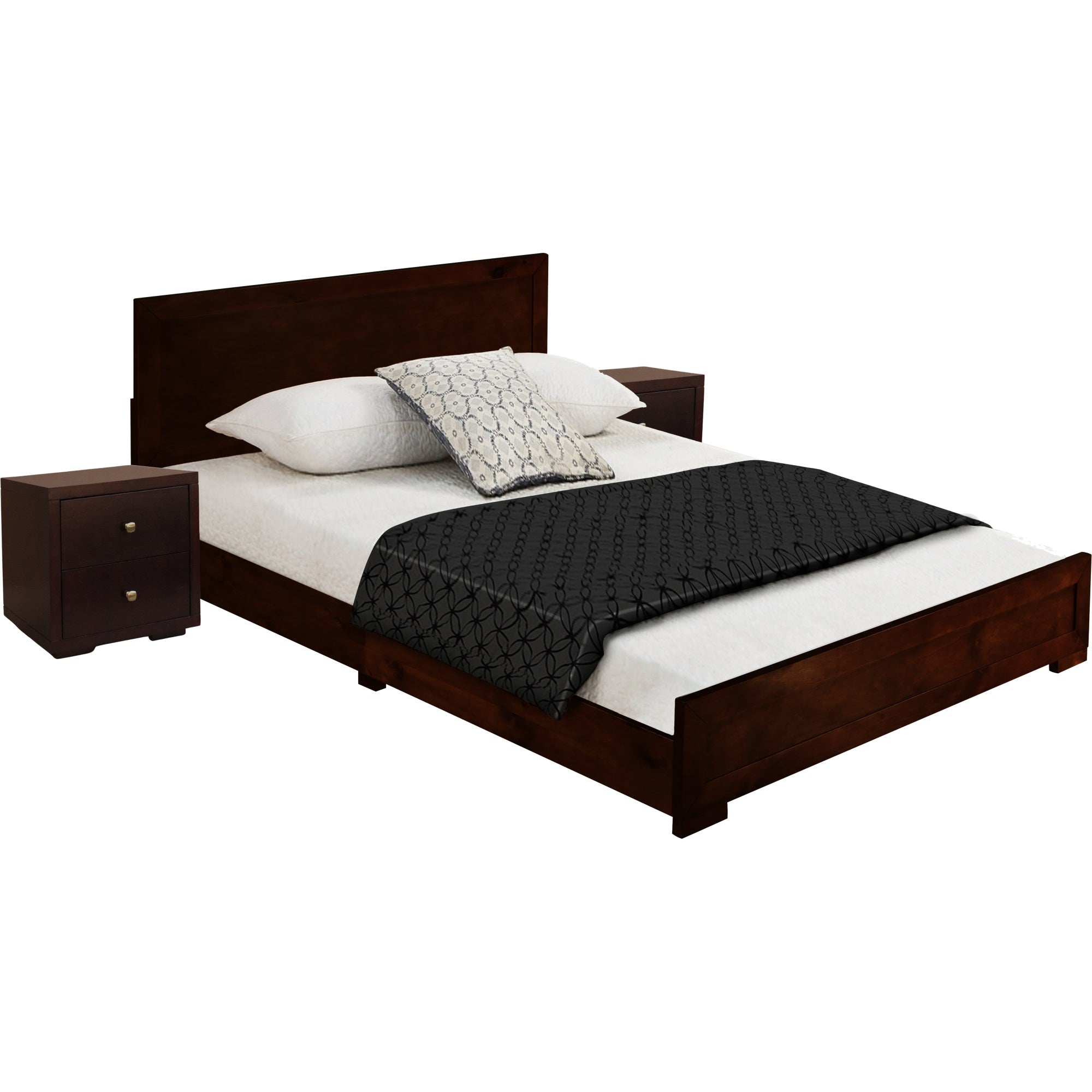 Trent Wooden Platform Bed In Espresso, Queen With 2 Nightstands