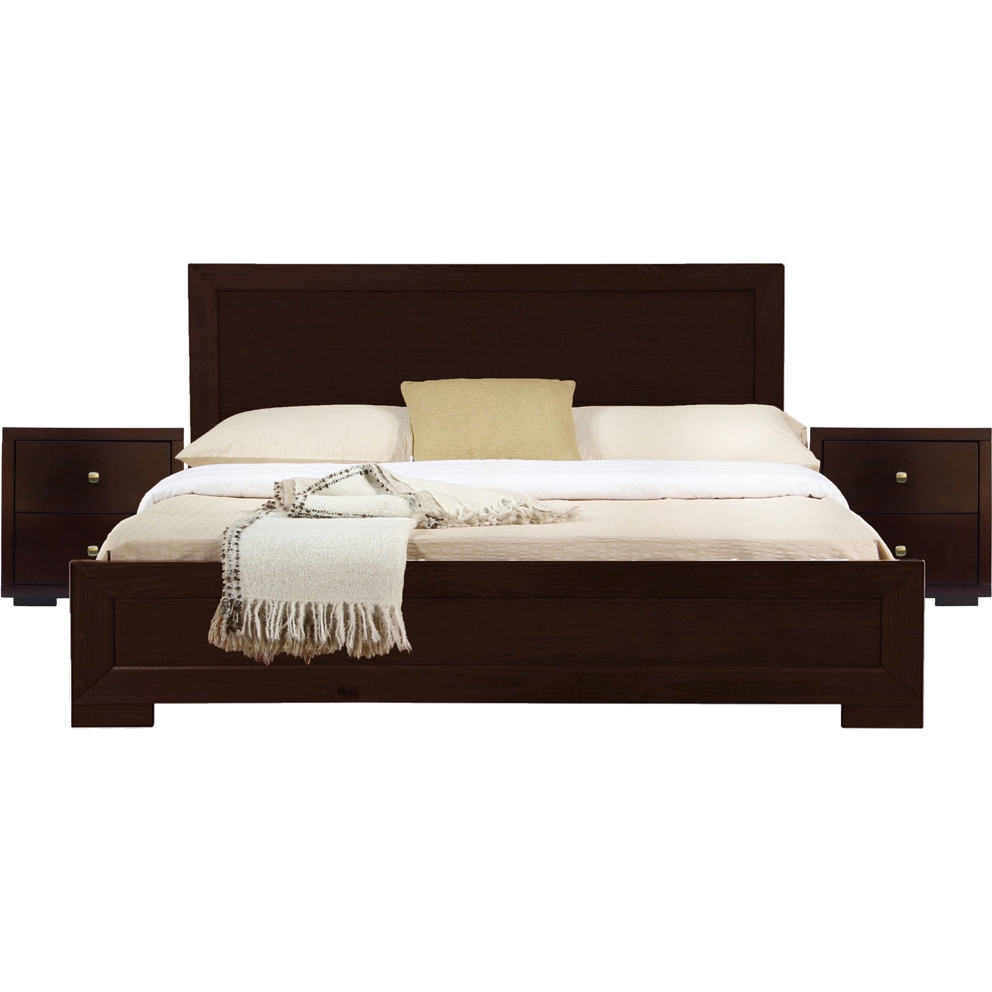 Trent Wooden Platform Bed In Espresso, Queen With 2 Nightstands
