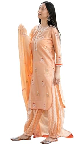 Anni Designer Women'S Cotton Blend Straight Hand Block Printed Kurta With Pant & Dupatta (Ragsri Peach-Vks01_M_Peach_Medium),Peach,M