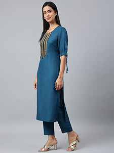 Gosriki Women'S Cotton Blend Printed Straight Kurta With Pant (Mikini Blue_New_S-Go_Blue_Small),Blue,,B0B4FXTBKQ