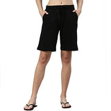 Enamor Essentials Women's Mid Rise Relaxed Fit 100% Cotton Knee Length Shorts Bermuda with Elasticated Waistband and Pockets - E080(E080-Jet Black-M),Jet Black