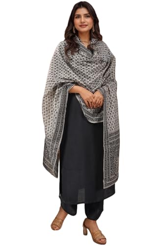 Anni Designer Women'S Rayon Viscose Solid Straight Kurta With Pant & Dupatta (Vardhan Black-Vks01_M_Black_Medium),Black,M