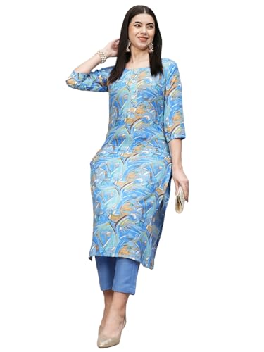 Anni Designer Women'S Cotton Blend Straight Printed Kurta With Pant (Uop Sky Blue-Nw_L_Sky Blue_Large),Sky Blue,L