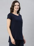 Enamor Essentials Women's Relaxed Fit Hip Length Cap Sleeves Scoop Neck 4 Way Stretch Soft & Luxurious Viscose Spandex Lounge Tee - E301(E301-Navy /Positive Graphic-M),Navy/Positivegraphic