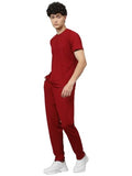 LookMark Men's Crepe Blend Solid Pattern Pajama & T-Shirt Set Short Sleeve Round Neck Drawstring Pocketed Elegance (AZ-LM-P1-NW25 Maroon-S),Maroon